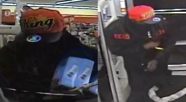 Two photo camera footage collage of burglary suspect wearing a red/orange hat with the word King on it, a black jacket with red graphics across the chest and black pants. Photo on left shows a closer photo of the hat while the second photo contains a higher angle showing the jacket..